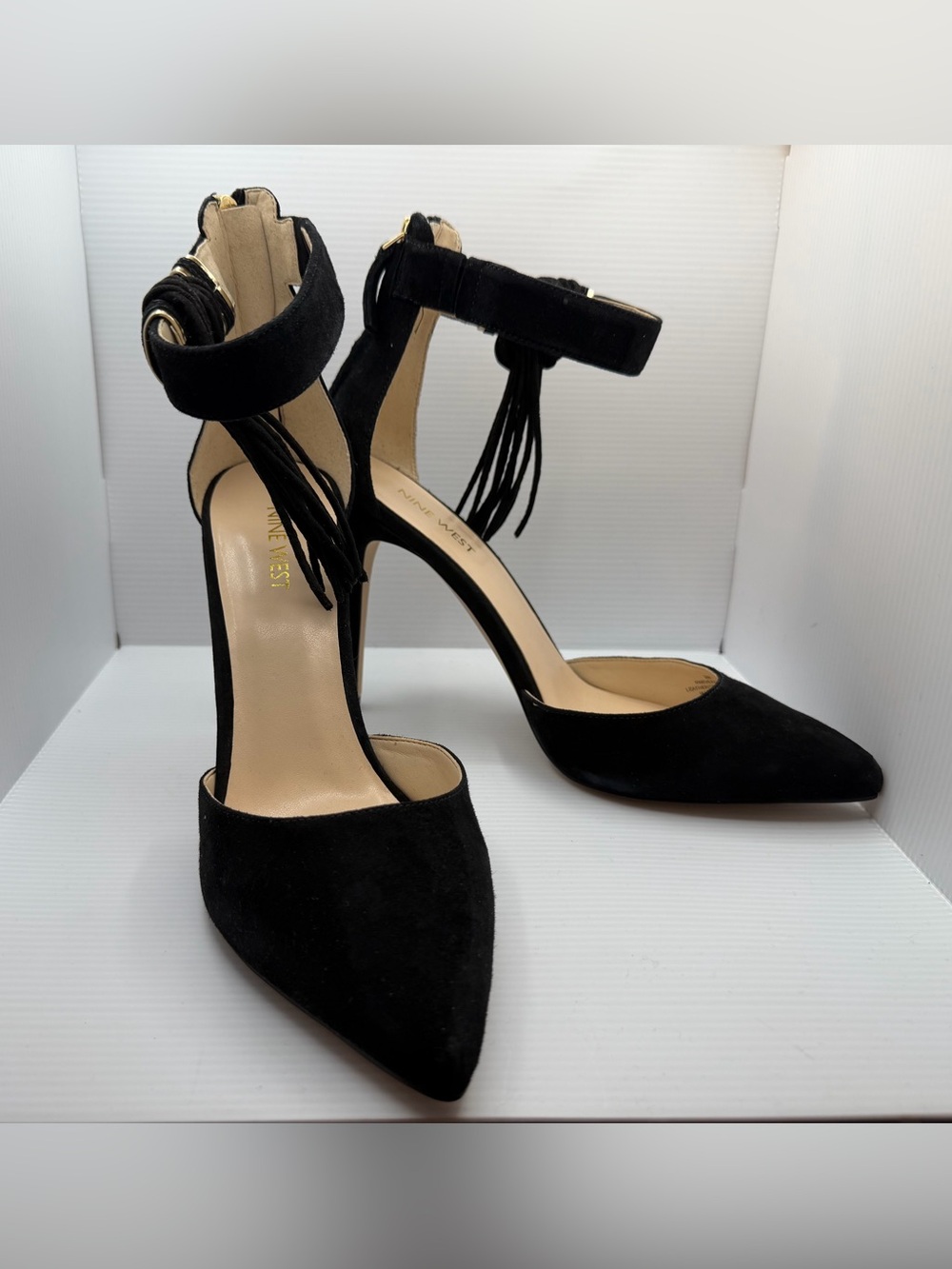 Nine West Black Suede Pointed-Toe Tassel Ankle-Strap Heels With Gold Accents